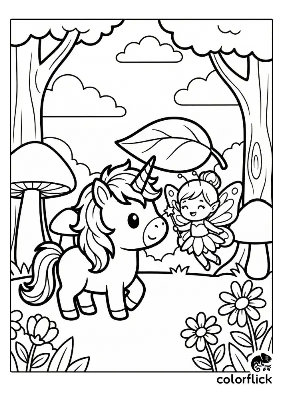 A printable coloring page showing a chibi unicorn kindly holding a large leaf as an umbrella over a smiling little fairy with a wand in a magical forest setting.