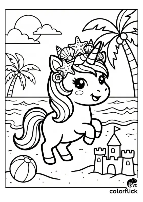 A printable coloring page showing a happy chibi unicorn with a crown of seashells and a starfish, prancing on a beach next to a sandcastle and beach ball with palm trees and the ocean in the background.