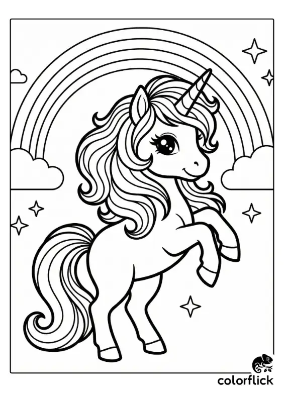 A printable coloring page showing a cute chibi unicorn with a flowing mane rearing up on its hind legs beneath a large rainbow and surrounding stars.