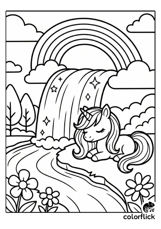 A printable coloring page showing a cute chibi unicorn with a long flowing mane sleeping peacefully on a riverbank next to a sparkling waterfall under a large rainbow.