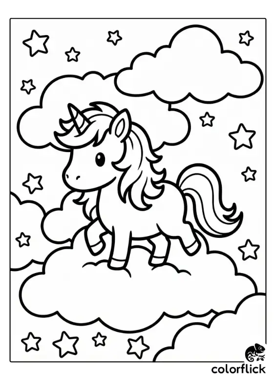 A printable coloring page featuring a cute chibi unicorn with a fluffy mane walking across large clouds surrounded by scattered stars.