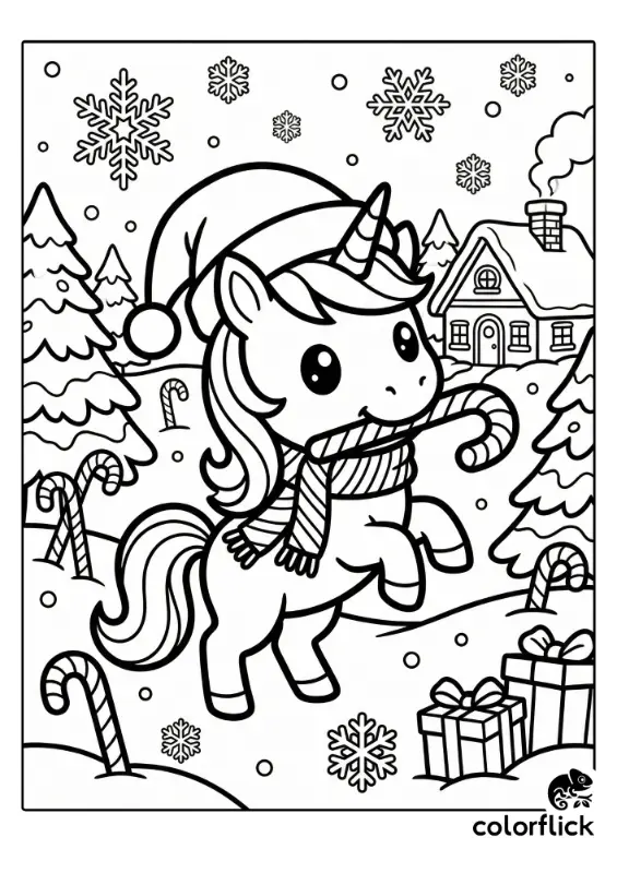 A printable coloring page showing a cute chibi unicorn wearing a Santa hat and scarf, holding a candy cane in its mouth in a snowy Christmas landscape with snowflakes, presents, and a cottage.