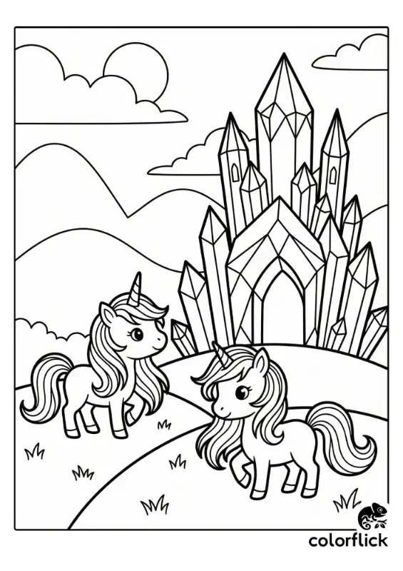 A printable coloring page showing two cute chibi unicorns with flowing manes standing on a grassy hill in front of a large, spiky crystal castle.