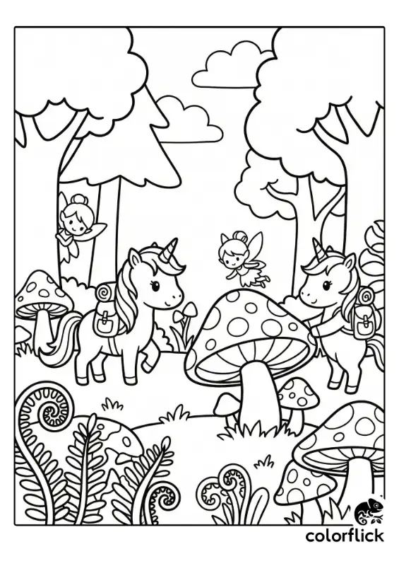 A printable coloring page showing two cute chibi unicorns with backpacks exploring a forest filled with large mushrooms, ferns, and two small pixies.