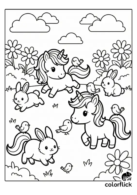 A printable coloring page showing two cute chibi unicorns playing in a meadow with three fluffy rabbits and several small birds. One unicorn is running, and the other is interacting with a bird. The scene is filled with flowers, bushes, and clouds.