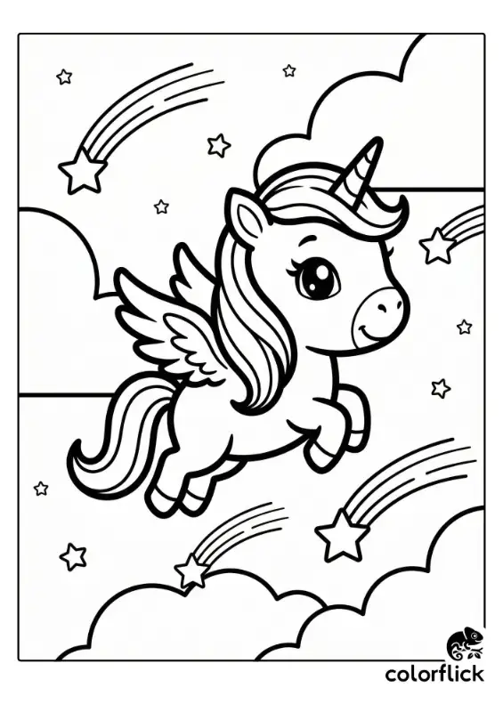 A printable coloring page showing a cute chibi winged unicorn flying through the sky with fluffy clouds and streaking shooting stars.