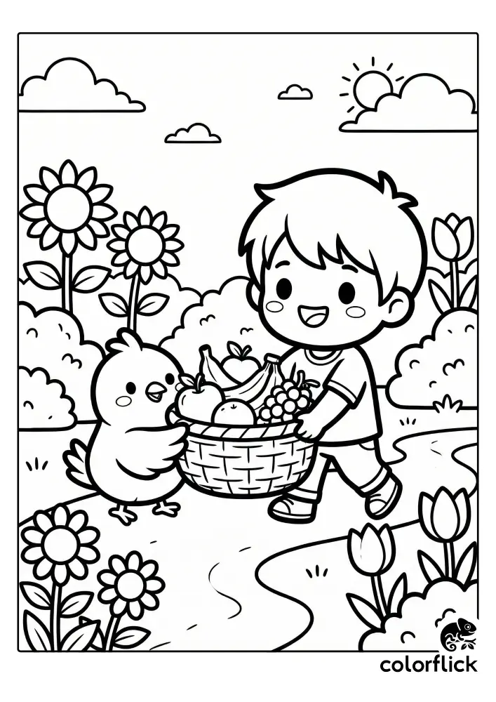 A black and white chibi coloring page showing a smiling boy and a large bird working together to carry a basket full of fruit through a garden path with sunflowers and tulips.