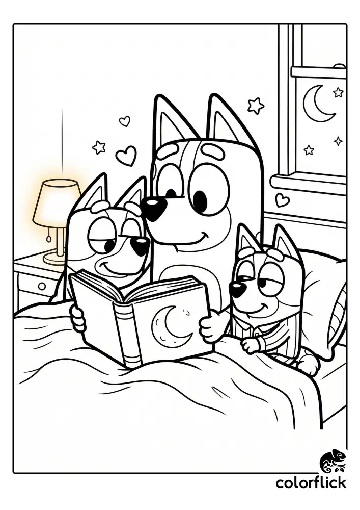 A line art coloring page showing Mum Chilli reading a moon-themed bedtime story to sleepy Bluey and Bingo, who are tucked snugly into bed under blankets with stars visible outside the window.