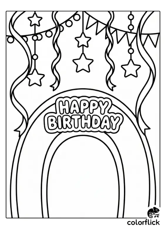 A black and white coloring page illustration of a birthday archway entrance decorated with hanging streamers, star garlands, and a "HAPPY BIRTHDAY" sign.