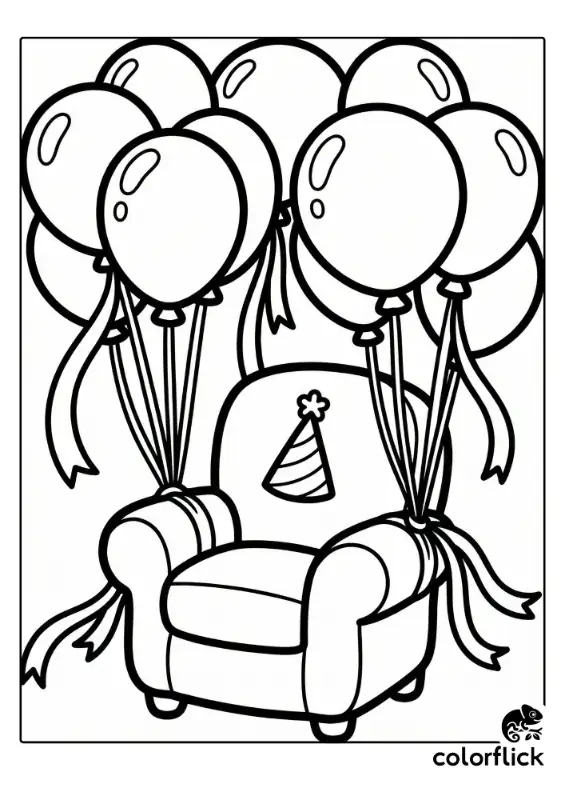 A black and white coloring page illustration of a plump armchair with a party hat on it, and a large bunch of helium balloons tied to its back with ribbons.