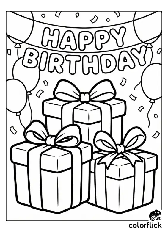 A black and white coloring page illustration showing a stack of three gift boxes tied with ribbons, sitting beneath a "HAPPY BIRTHDAY" banner with balloons and confetti in the background.