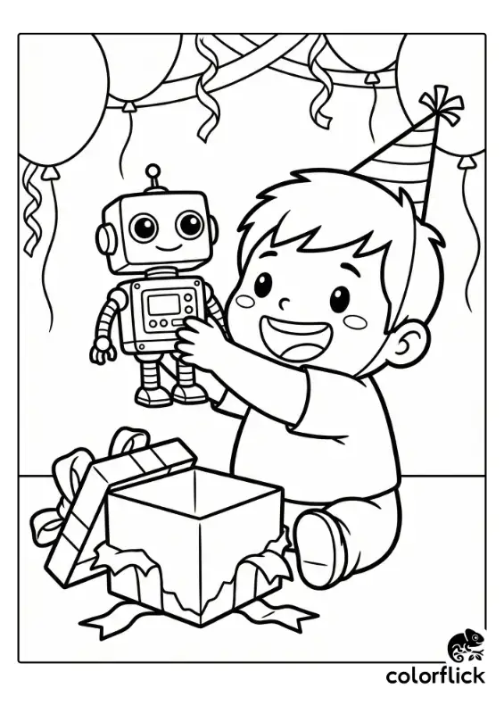 A black and white coloring page illustration showing an excited little boy wearing a party hat, sitting on the floor and holding up a new robot toy next to an open gift box.