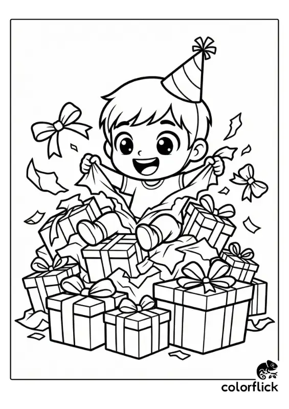 A black and white coloring page illustration of a joyful little boy in a party hat, sitting on a large pile of gifts and enthusiastically tearing the wrapping paper off a present.