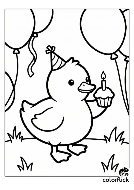 A black and white coloring page illustration showing a cute, plump duckling wearing a party hat and holding a cupcake with a lit candle, standing in grass with balloons in the background.