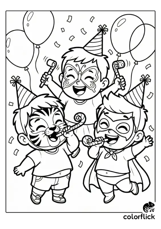 A black and white coloring page illustration showing three joyful children with tiger, butterfly, and superhero face paint, wearing party hats and blowing party blowers amidst falling confetti and balloons.