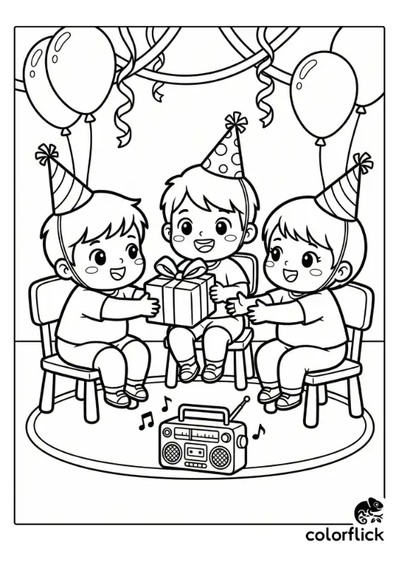 A black and white coloring page illustration showing three happy children in party hats sitting on chairs, passing a wrapped gift while a radio plays music, with balloons and streamers in the background.