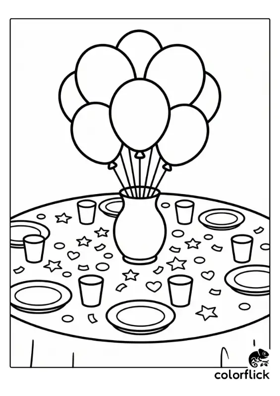 A black and white coloring page illustration showing a round party table decorated with a balloon centerpiece in a vase, plates, cups, and scattered star and heart confetti.
