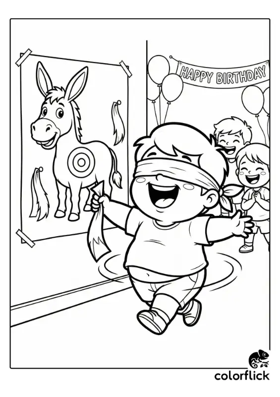 A black and white coloring page illustration showing a blindfolded boy spinning around, holding a paper tail, while playing pin-the-tail-on-the-donkey at a birthday party with other kids watching.