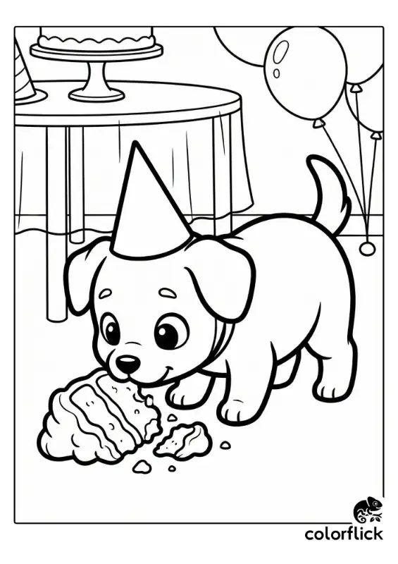 A black and white coloring page illustration of a cute puppy wearing a party hat, happily eating a large piece of cake and crumbs off the floor near a party table with balloons.
