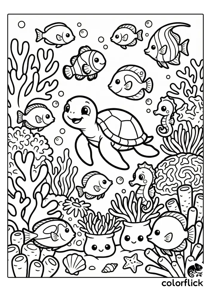 A bustling coral reef coloring page filled with various cute fish, a happy sea turtle swimming in the center, and a tiny seahorse peeking from the coral.