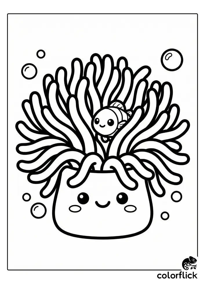 A cute coloring page illustration of a smiling sea anemone with wavy tentacles and a tiny fish peeking out from inside, surrounded by bubbles.