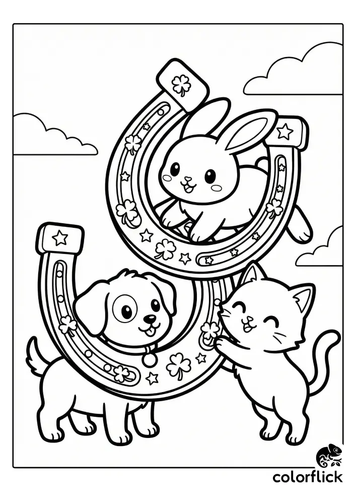 A printable coloring page showing a cute puppy, kitten, and bunny playing with large horseshoes decorated with clovers and stars.