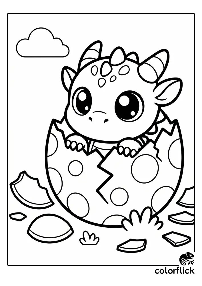 An adorable cartoon baby dragon with large, sparkling eyes peeks out from a cracked polka-dot egg shell, surrounded by shell pieces on a clean background.