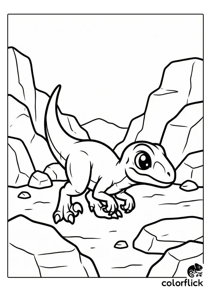 A black and white coloring page showing a cute chibi Velociraptor dinosaur crouching and stalking among large rocks.