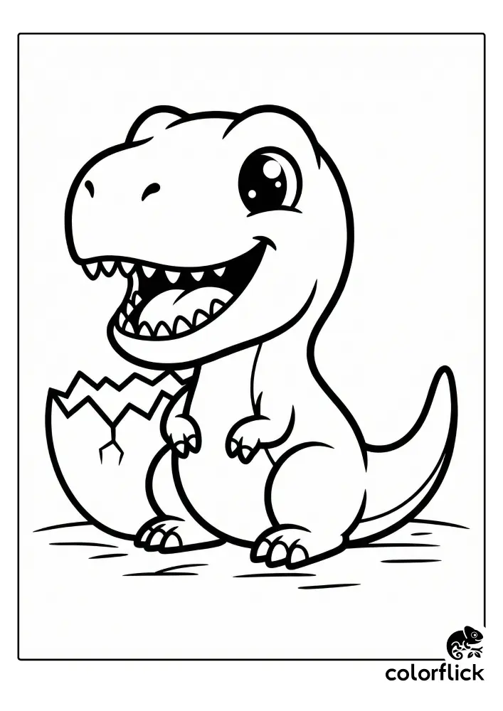 An adorable baby T-Rex with a big smile sits next to a cracked eggshell in this children's coloring page.