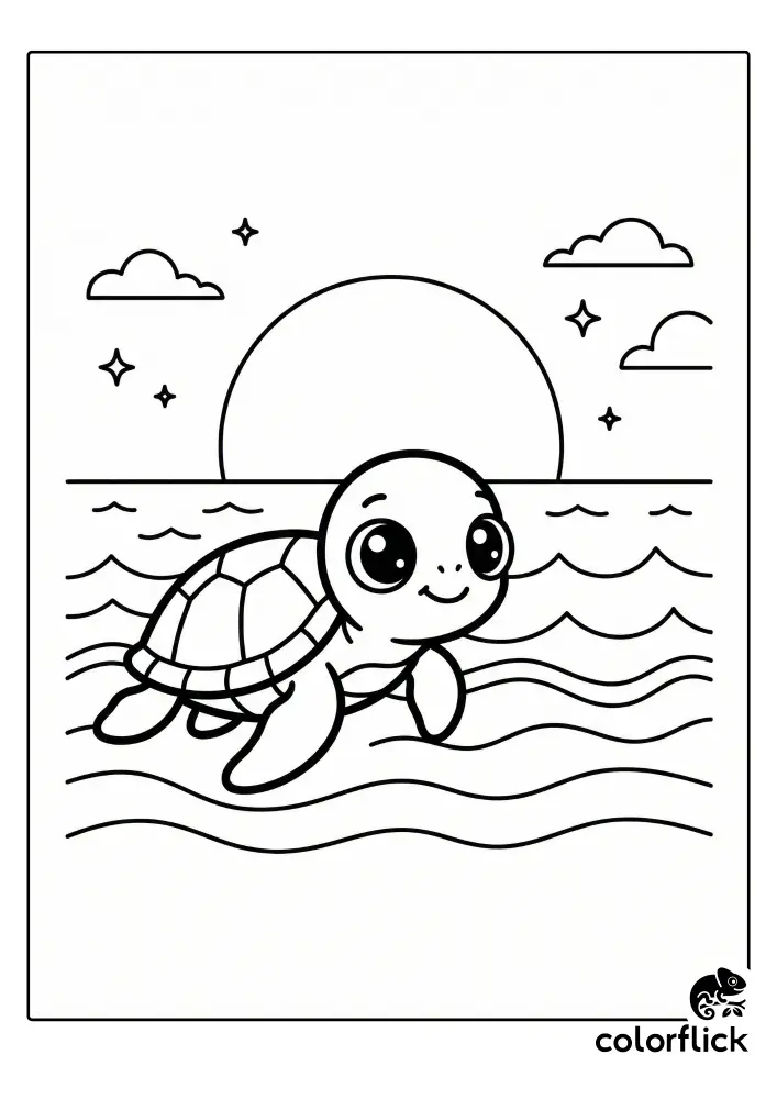 A cute coloring page illustration of a baby sea turtle crawling across a sandy beach towards the ocean waves under a setting sun and stars.