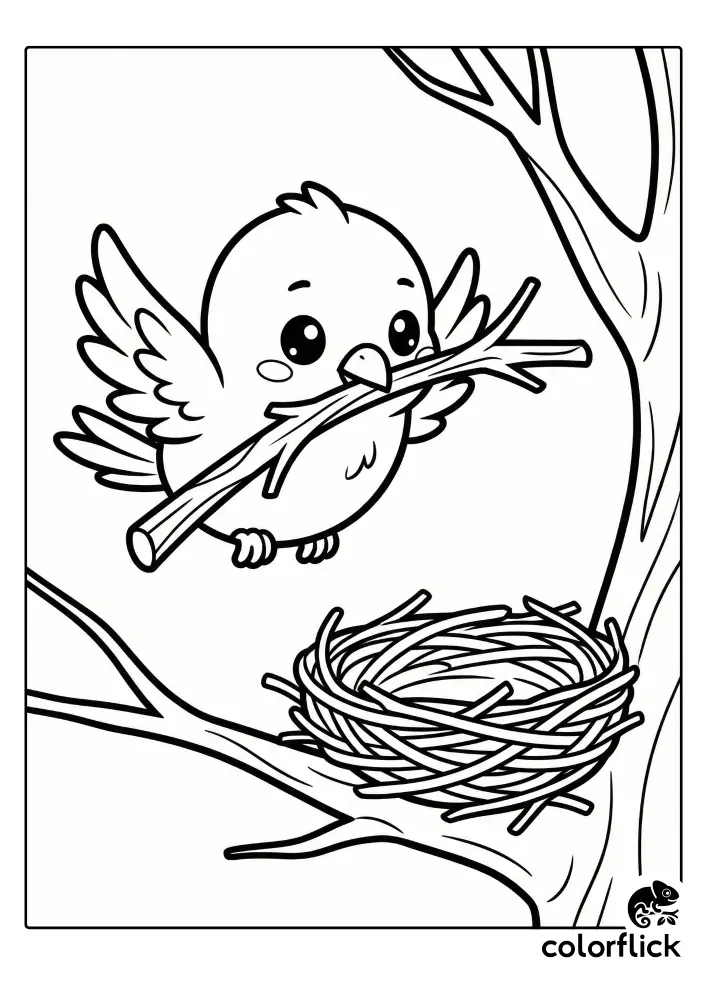 A black and white coloring page illustration showing a cute cartoon bird flying and carrying a twig in its beak to build its nest located in a tree branch.