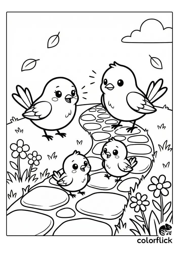 A black and white coloring page illustration showing a cheerful family of four chibi birds hopping along a stone garden path surrounded by flowers and leaves.
