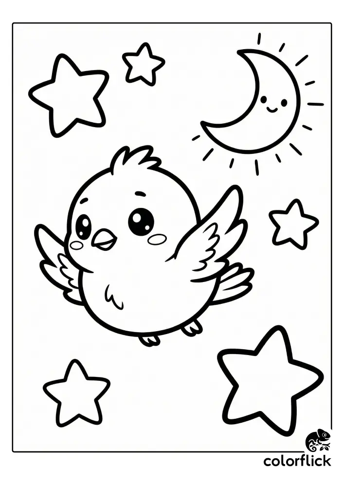 A black and white coloring page illustration showing a cute cartoon bird flying happily among large stars and a smiling crescent moon in the night sky.