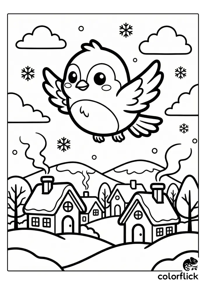 A chibi-style coloring page showing a cute bird flying high above a snowy village with smoke rising from the chimneys of small houses.