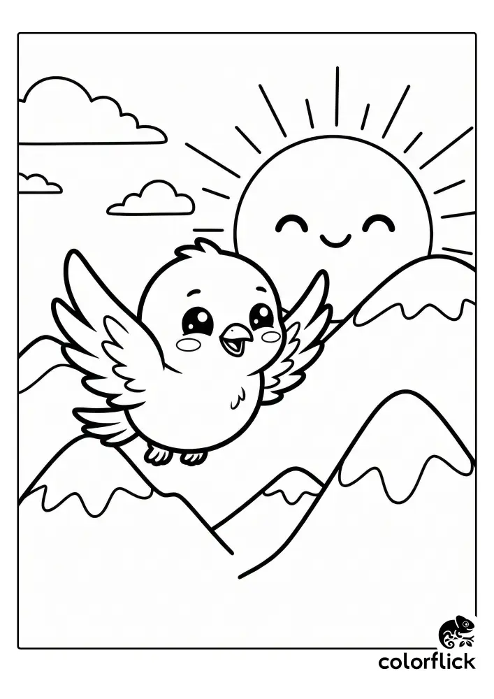 A black and white coloring page illustration showing a cheerful chibi bird flying over mountain peaks as a smiling sun rises in the background.