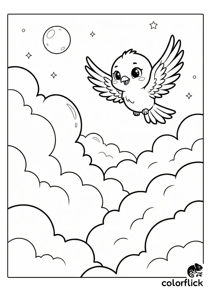 A black and white coloring page illustration showing a cheerful cartoon bird soaring high above fluffy billowy clouds under a crescent moon and stars.