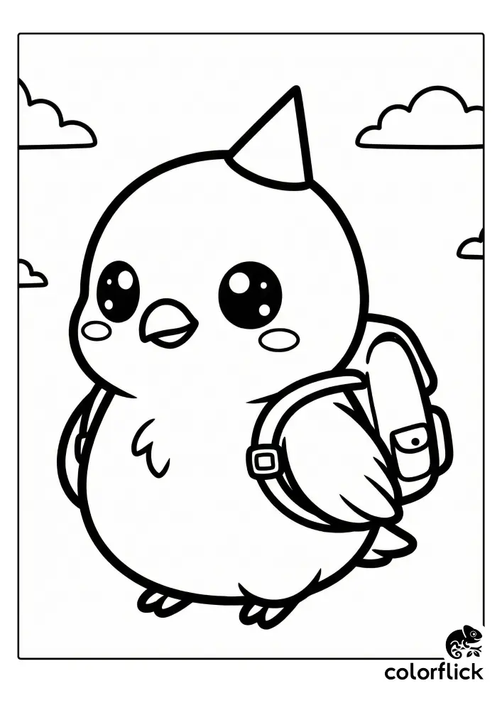 A black and white line art coloring page showing an adorable, plump chibi bird wearing a small pointed party hat on its head and carrying a tiny backpack on its back.