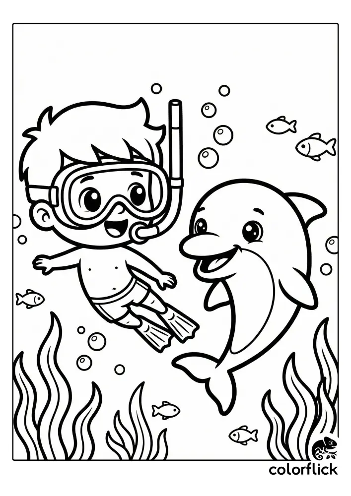 A cartoon coloring page showing a happy boy wearing a snorkel mask and fins swimming underwater next to a smiling dolphin, surrounded by bubbles, seaweed, and small fish.