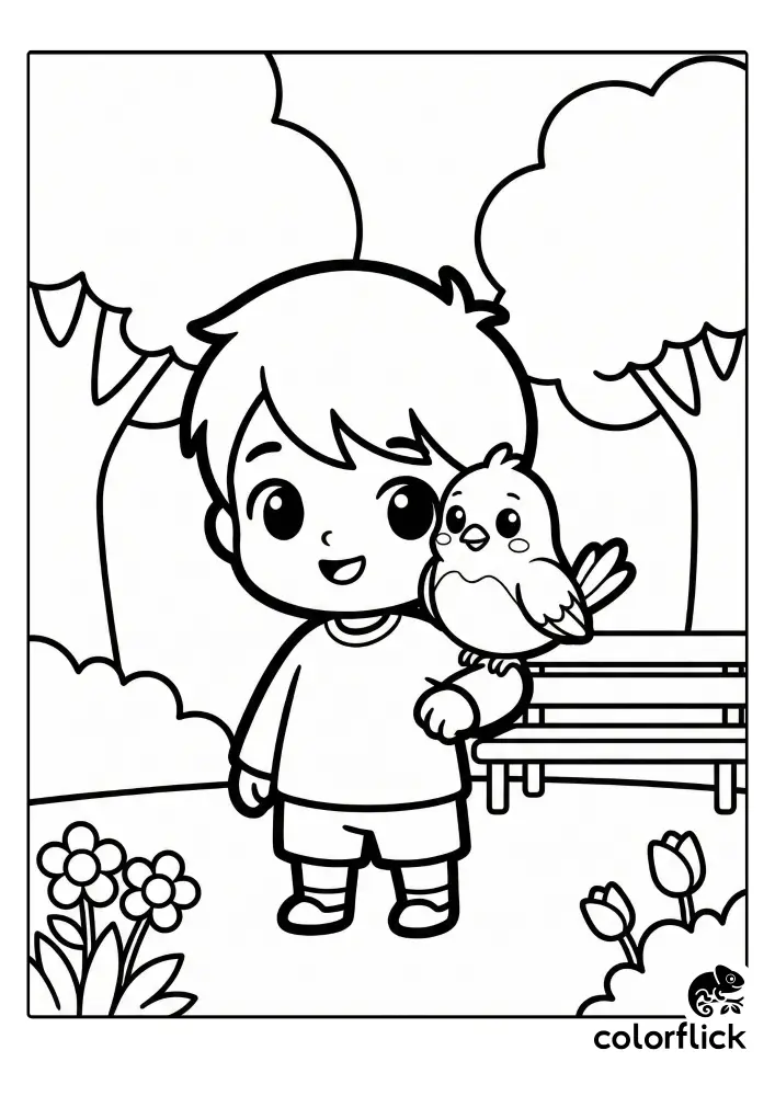 A coloring page illustration showing a smiling boy with a friendly bird on his shoulder in a park setting with trees and a bench.