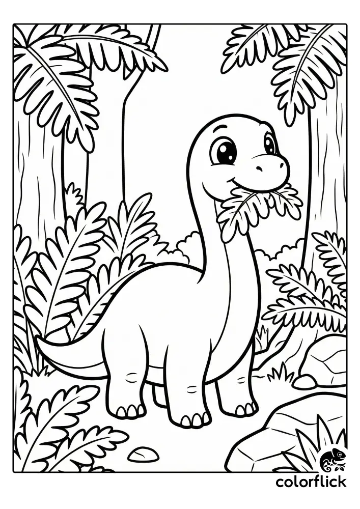 A cute, smiling chibi Brachiosaurus with a long neck holds a large fern leaf in its mouth, standing in a prehistoric forest filled with giant plants in this coloring page illustration.