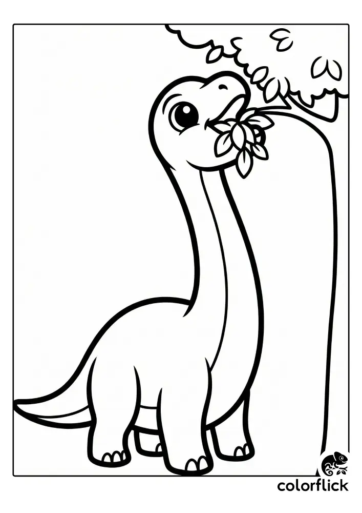 A cute chibi Brachiosaurus with a long neck reaching up to eat leaves from a tree branch in a coloring page style.