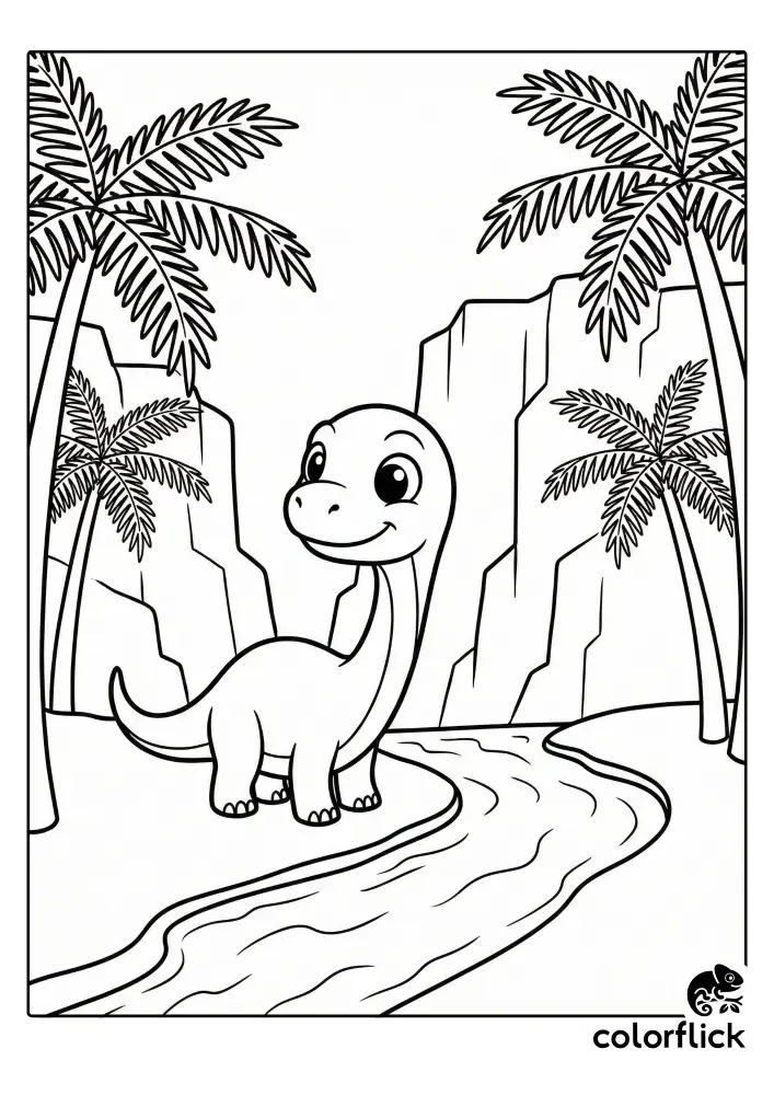 A cute chibi Brachiosaurus with a long neck stands by a river, framed by palm trees and rocky cliffs in this black and white coloring page.