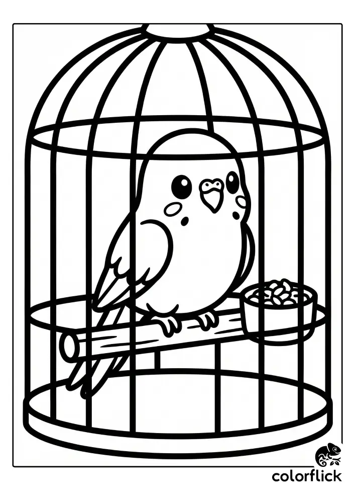 A cute coloring page illustration shows a cheerful budgie perched inside a birdcage next to a bowl filled with seeds.