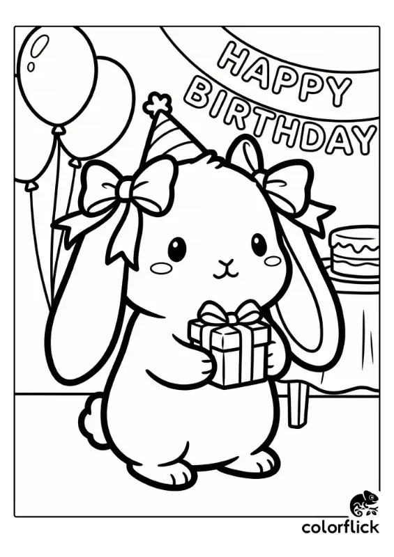 A black and white coloring page illustration of a cute bunny wearing a party hat and bows on its ears, holding a wrapped gift with a "Happy Birthday" banner and cake in the background.