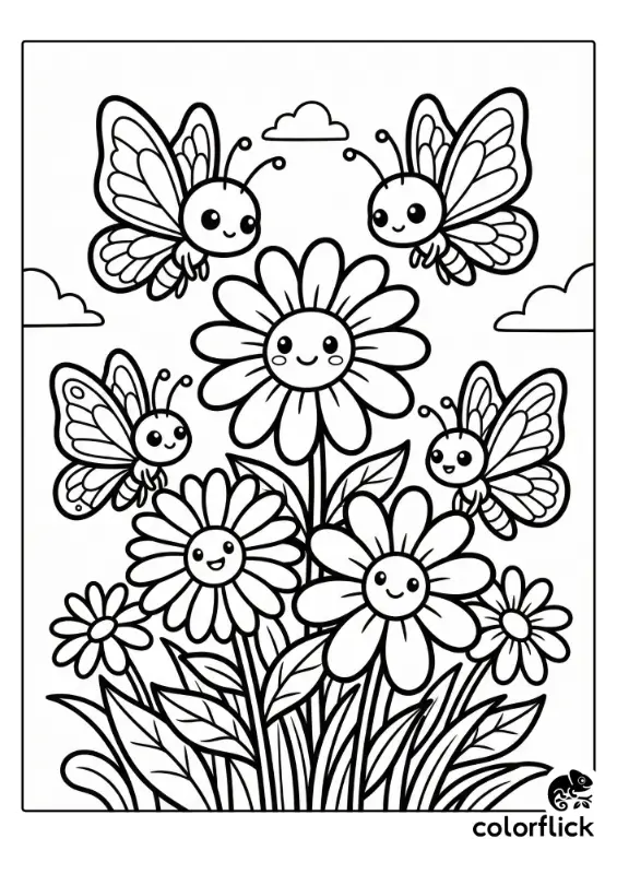 Four cute chibi butterflies with happy faces are fluttering around a cluster of blooming, smiling daisies in this black and white coloring page illustration.