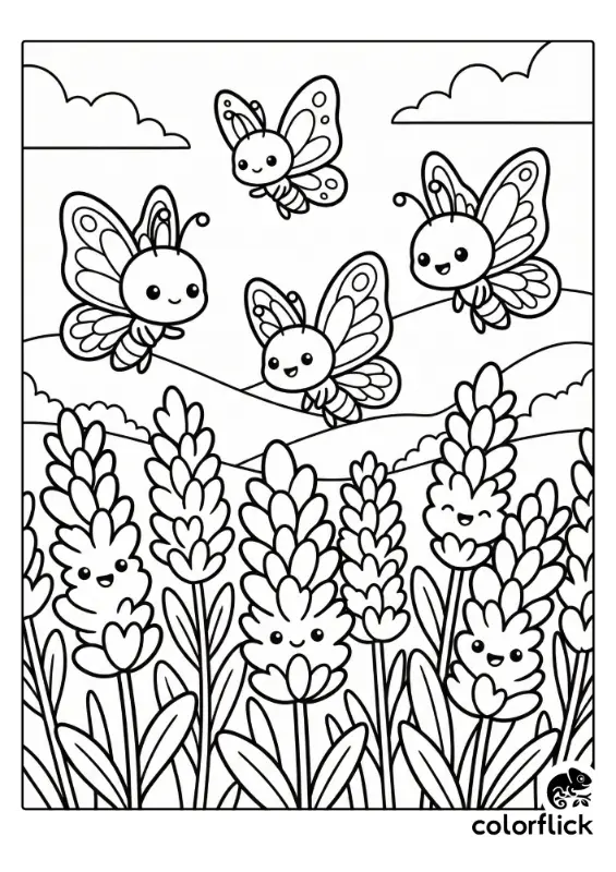 Four happy chibi butterflies flutter above a field of smiling lavender plants in this black and white coloring page illustration.