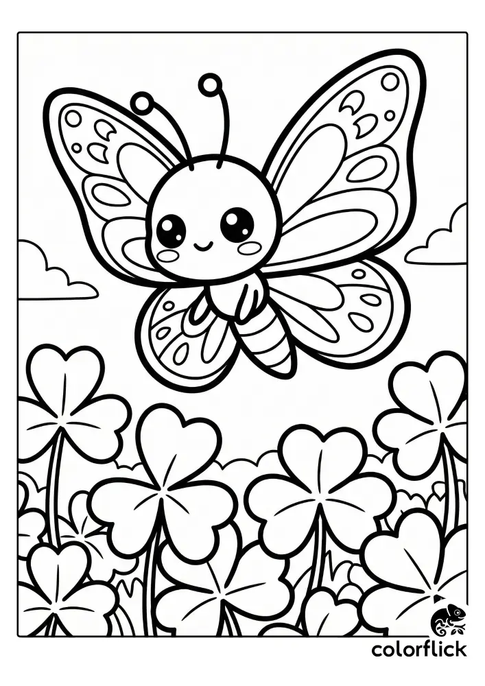 A chibi-style coloring page showing a smiling butterfly with large eyes fluttering above a field of three-leaf shamrocks under fluffy clouds.