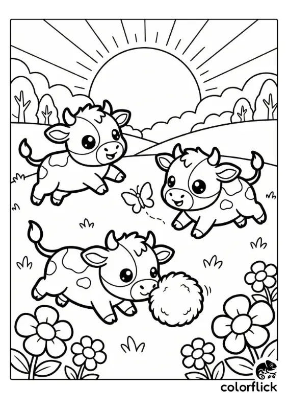A coloring page illustration showing three cheerful calves playing in a field, with one pushing a ball and another chasing a butterfly under a bright sun.
