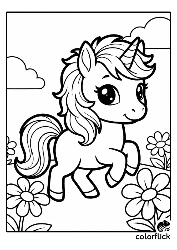 A printable coloring page featuring a cute chibi baby unicorn with a fluffy mane prancing through a field of large flowers under clouds.