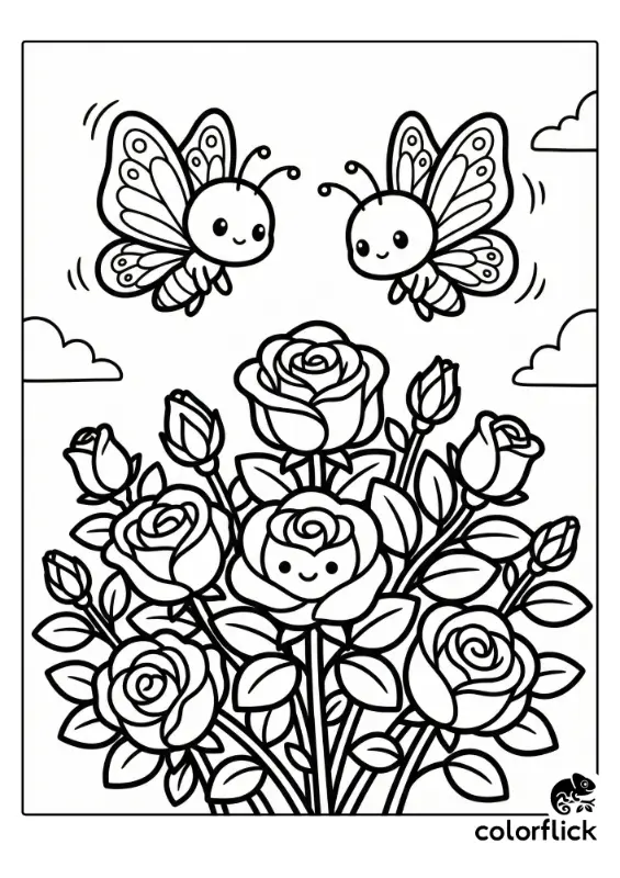 Two adorable chibi butterflies with large eyes hover happily above a lush rose bush filled with large flowers and buds in this black and white coloring page illustration.